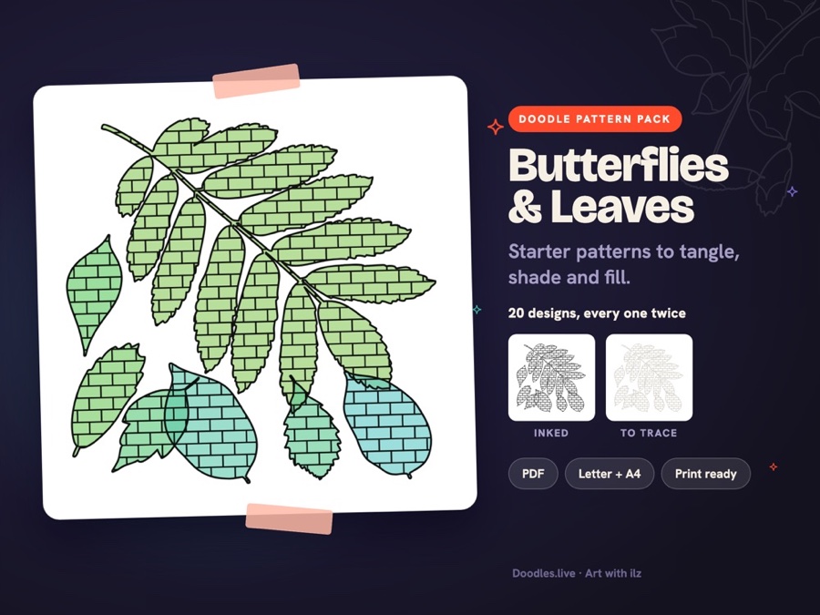 The Butterflies & Leaves printable doodle pattern pack